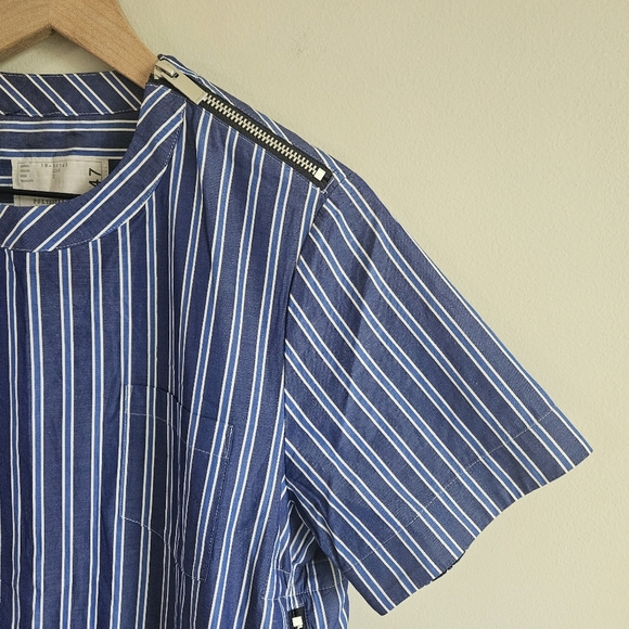 Sacai Blue Striped Cotton Pleated Detail Short Sleeve Blouse - Picture 5 of 12